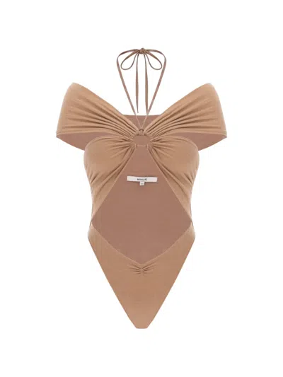 Manurí Eleni Cut-out Off-shoulder Bodysuit In Brown