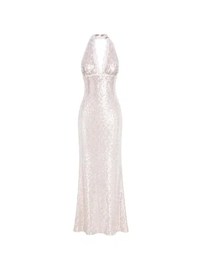 Manurí Pixie Sequin-embellished Lace-trim Long Dress In Neutral