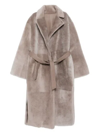 Manzoni 24 Belted Shearling Coat In Brown
