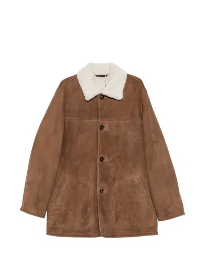 Manzoni 24 Shearling-collar Suede Coat In Brown