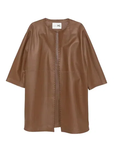 Manzoni24 Nappa Coat With Saddle Stitch And Side Slits In Brown