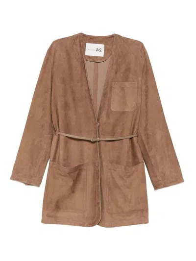 Manzoni24 Suede Jacket With Leather Belt In Brown