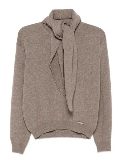 Manzoni24 Crew-neck Sweater With Scarf In Brown