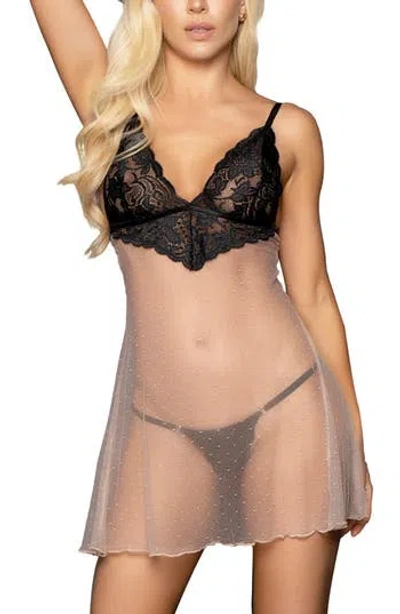 Mapalé Mapale Babydoll Chemise & Thong Set In Nude/black