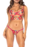Mapalé Mapale Embroidered Mesh Lace-up Bralette & Thong Set In Seductive Garden