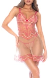 Mapalé Mapale Embroidered Mesh Underwire Babydoll Chemise & G-string Set In Rose Whisper