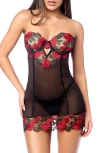 Mapalé Mapale Embroidered Underwire Chemise & G-string Set In Black