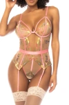 MAPALÉ EMBROIDERED UNDERWIRE TEDDY WITH GARTER STRAPS