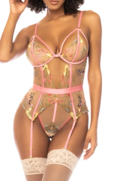 Mapalé Embroidered Underwire Teddy With Garter Straps In Pink Garden