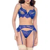 Mapalé Mapale Eyelash Lace Bra, Thong & Garter Belt Set In Blue
