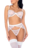 Mapalé Mapale Eyelash Lace Underwire Bra, Thong & Garter Belt Set