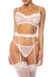 MAPALÉ FEATHER TRIM BRA, THONG & GARTER STRAPS