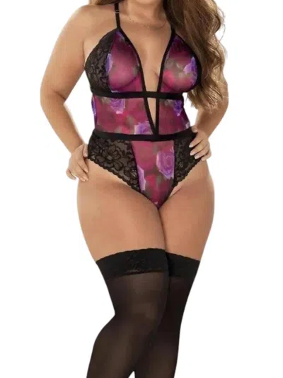 Mapalé Flora Noir Lace Teddy - Plus In Black Floral Prints In Pink