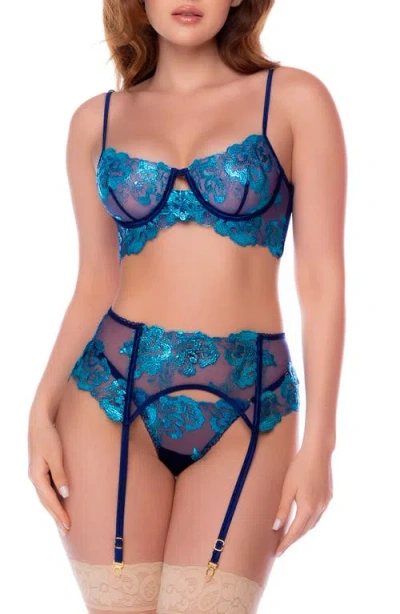 Mapalé Mapale Floral Embroidered Underwire Bra, Thong & Garter Set In Midnight Blue