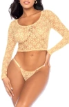 Mapalé Mapale Lace Long Sleeve Crop Top & Thong Set