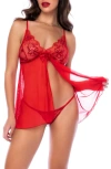 Mapalé Mapale Sequin Mesh Babydoll Chemise & Thong Set In Red