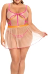 Mapalé Mapale Strappy Tulle Babydoll Chemise & G-string Thong In Nude/neon