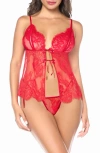 Mapalé Mapale Tie Front Lace Babydoll Chemise & Thong Set In Red