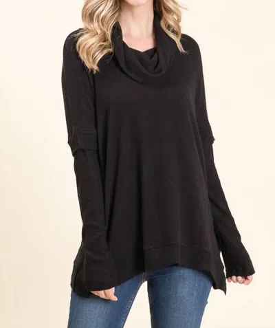 Maple Sage Tiger Brush Cowl Neck Loose Fit Long Sleeve Top In Jet Black