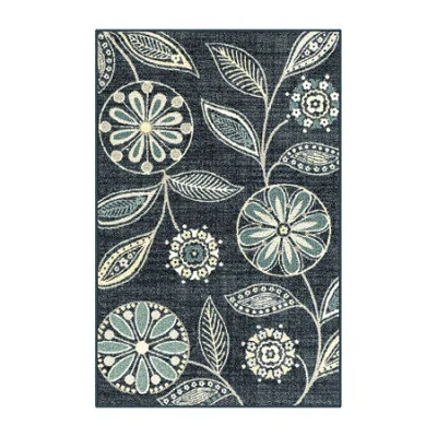 Maples Modern Floral Collection Washable Skid Resistant Indoor Rectangular Accent Rug In Blue