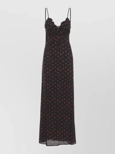 Mar De Margaritas Floral Knee Length Dress Ruffled Neckline In Black