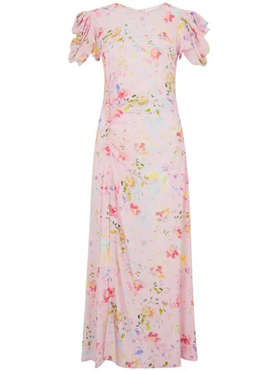 Mar De Margaritas Floral Print Maxi Dress With Delicate Puff Sleeves In Pink