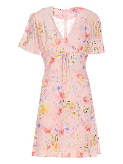 Mar De Margaritas Floral Print V-neck Mini Dress In Pink