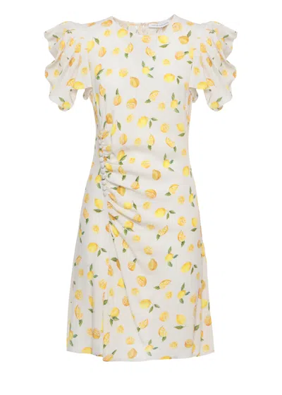 Mar De Margaritas Ivory Mini Dress With Citron Pattern And Ruffled Sleeves In Multi