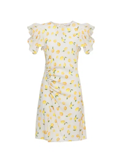 Mar De Margaritas Karin Lemon-print Ruched Mini Dress In Neutral