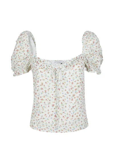 Mar De Margaritas Shirred Floral-pattern Blouse In White