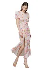 Mar De Margaritas Floral Print Maxi Dress With Delicate Puff Sleeves In Pink