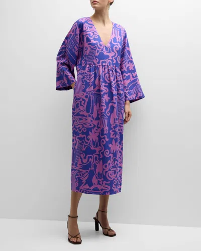 Mara Hoffman Aviva Dyed Hemp Relaxed Deep V Midi Dress In Prple Multi