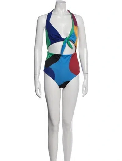 Pre-owned Mara Hoffman Colorblock Pattern Bow Accents One-piece In Blue