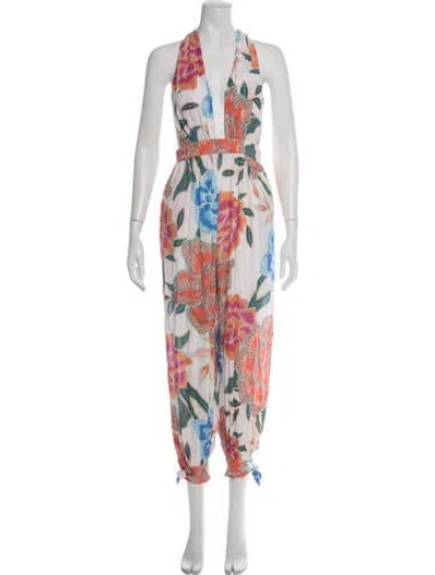 Pre-owned Mara Hoffman Floral Print Plunge Neckline Jumpsuit In White