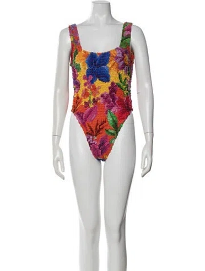Pre-owned Mara Hoffman Floral Print Ruffle Embellishment One-piece W/ Tags In Orange