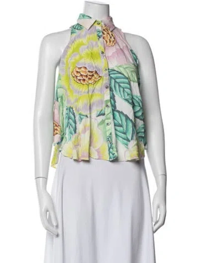 Pre-owned Mara Hoffman Floral Print Sleeveless Button-up Top In Green