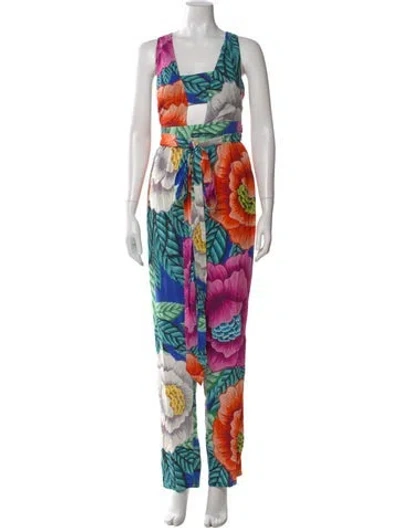 Pre-owned Mara Hoffman Floral Print Square Neckline Jumpsuit In Blue
