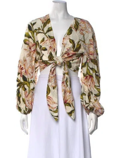 Pre-owned Mara Hoffman Floral Print V-neck Crop Top In Neutrals