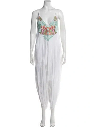 Pre-owned Mara Hoffman Floral Print V-neck Jumpsuit In White