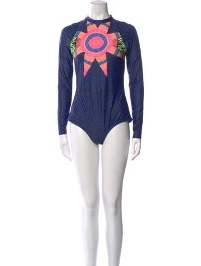 Pre-owned Mara Hoffman Graphic Print Mock Neck Bodysuit In Blue