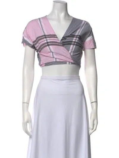 Pre-owned Mara Hoffman Plaid Print V-neck Crop Top In Black