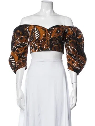 Pre-owned Mara Hoffman Printed Off-the-shoulder Crop Top In Black
