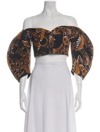 Pre-owned Mara Hoffman Printed Off-the-shoulder Crop Top In Black/orange