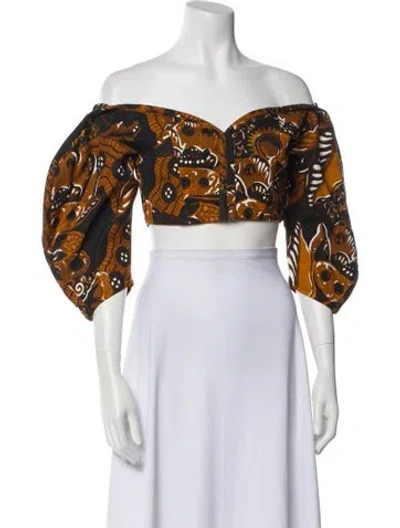 Pre-owned Mara Hoffman Printed Off-the-shoulder Crop Top In Brown