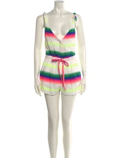 Pre-owned Mara Hoffman Striped Plunge Neckline Romper In White