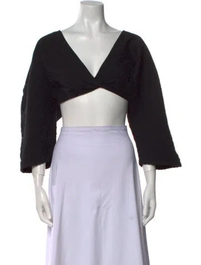 Pre-owned Mara Hoffman V-neck Three-quarter Sleeve Crop Top In Black