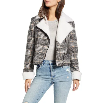 Maralyn & Me Faux Shearling Plaid Moto Jacket In Gray
