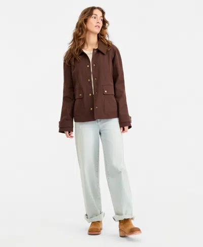 Maralyn & Me Juniors' Contrast-collar Snap-front Barn Jacket, Macy's Exclusive In Brown