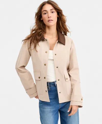 Maralyn & Me Juniors' Contrast-collar Snap-front Barn Jacket, Macy's Exclusive In Neutral