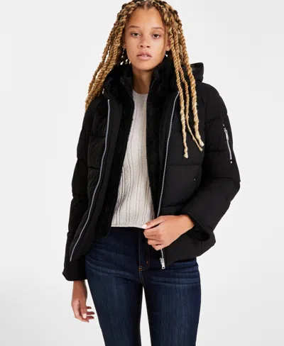 Maralyn & Me Juniors' Faux-fur-bibbed Hooded Puffer In Black